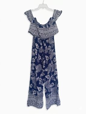 Blue White Floral Romper Ruffle-Trim Off-Shoulder Spring Vacation Jumpsuit